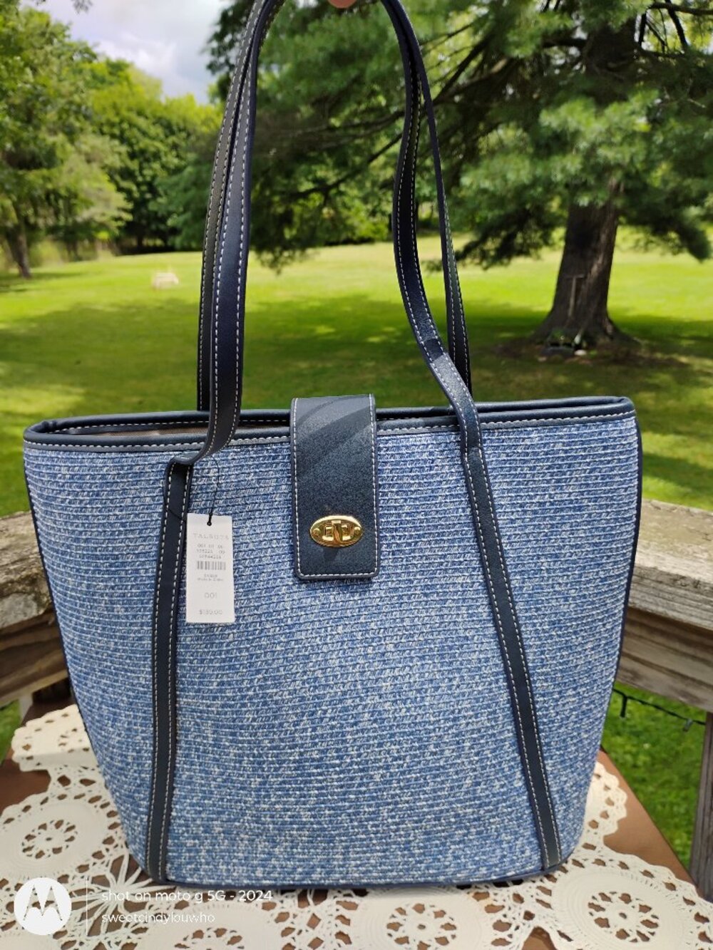 Talbot's large tote bag NWT paper straw blue new unused circa 2019 gold closure